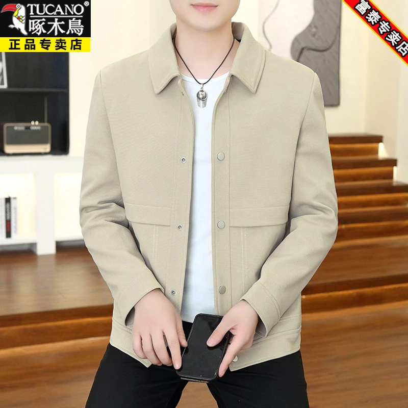 啄木鸟早秋新款翻领男款夹克高端休闲高品质轻熟商务修身纯色外套