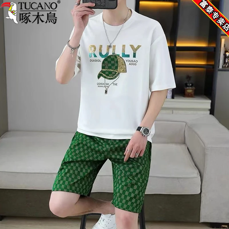 啄木鸟高品质休闲运动套装男士夏季韩版短袖t恤男爆款短裤两件套