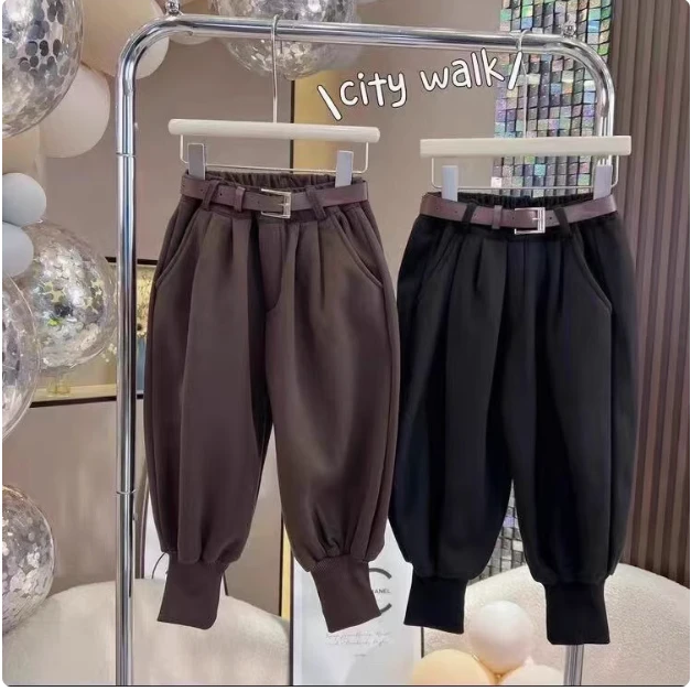 女童毛尼腰带哈伦裤特厚羔羔绒2024冬时尚百搭加厚冬季洋气休闲裤