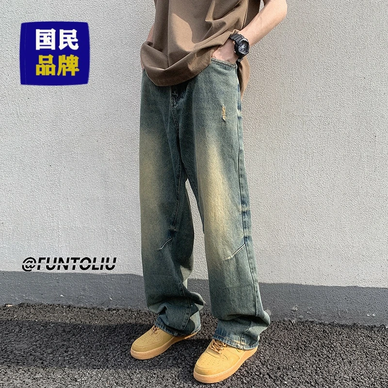 高街时尚重工水洗工装口袋牛仔裤复古休闲宽松直筒立体拼接长裤子