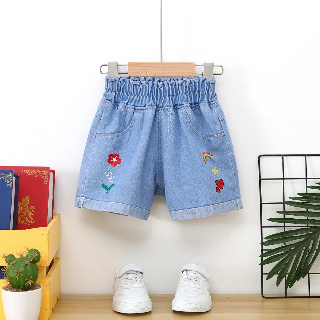 儿童短裤牛仔女童宝宝夏季薄款夏装洋气时尚休闲外穿韩版彩虹刺绣