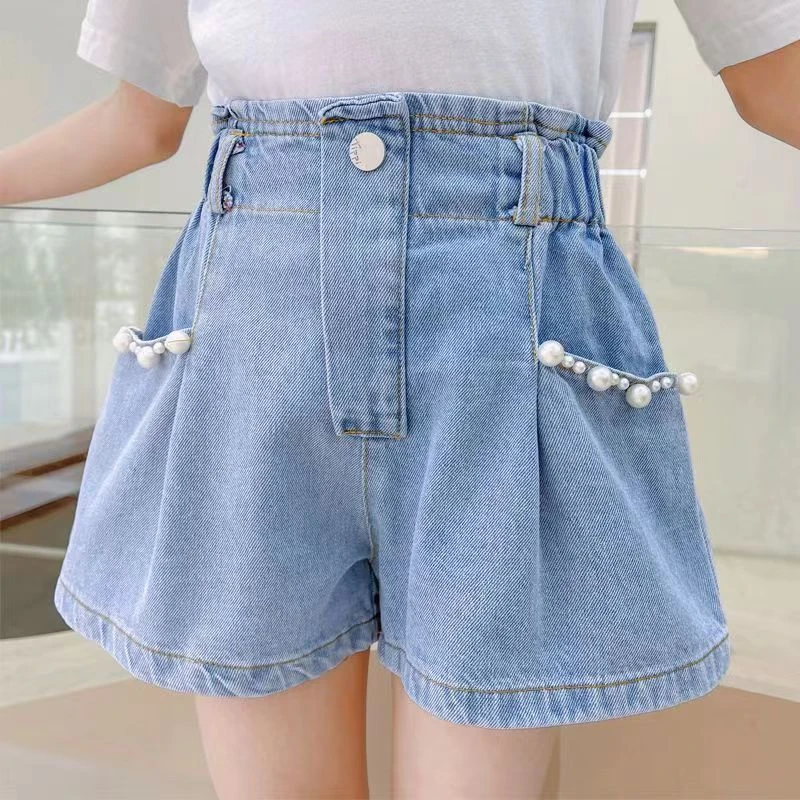 女童牛仔短裤儿童童装夏季洋气百搭外穿薄款宽松开叉蝴蝶结钉珠