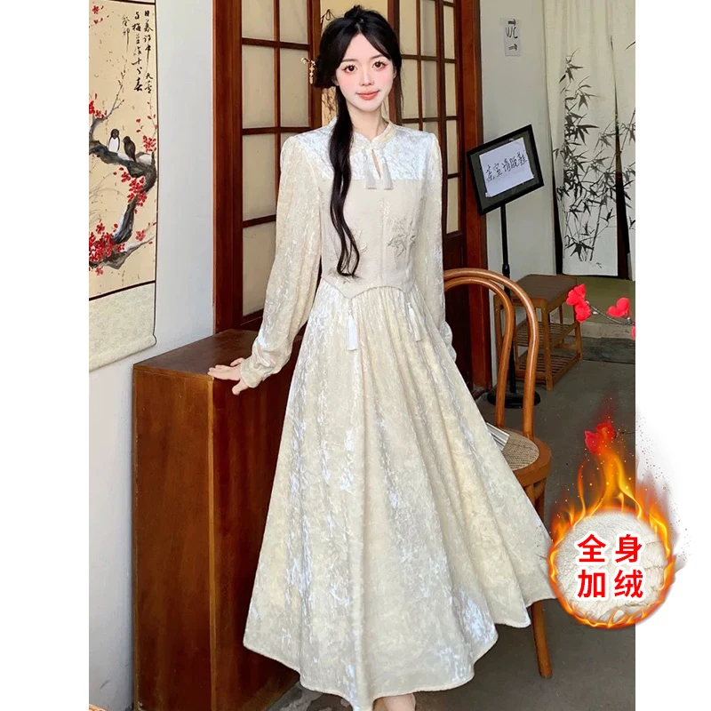 苏陌加绒保暖新中式提花盘扣改良旗袍连衣裙复古国风显瘦可外穿裙
