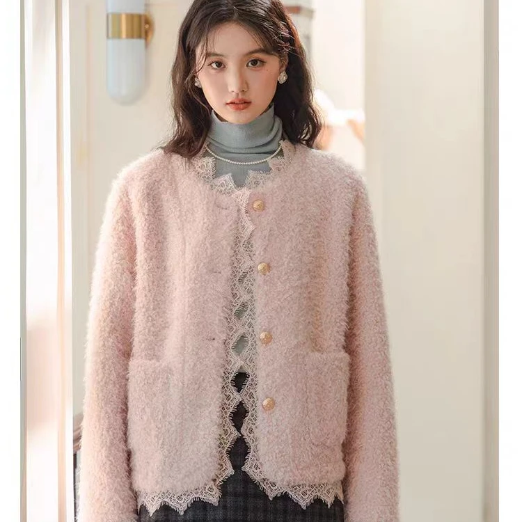小香风粉色蕾丝毛毛外套女秋冬名媛洋气毛绒上衣超好看上衣短款