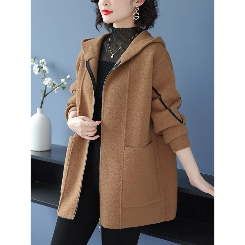 连帽胖妈妈200斤加肥大码毛呢外套秋冬大口袋洋气双面羊毛大衣