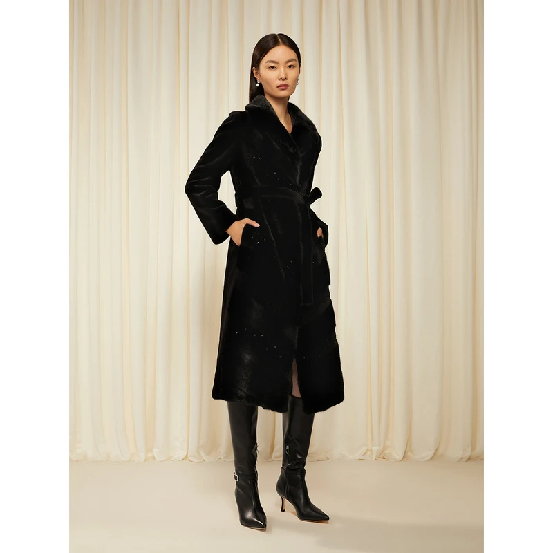 歌中歌2022冬季黑色简约系带水貂皮草外套中长款5C32509040