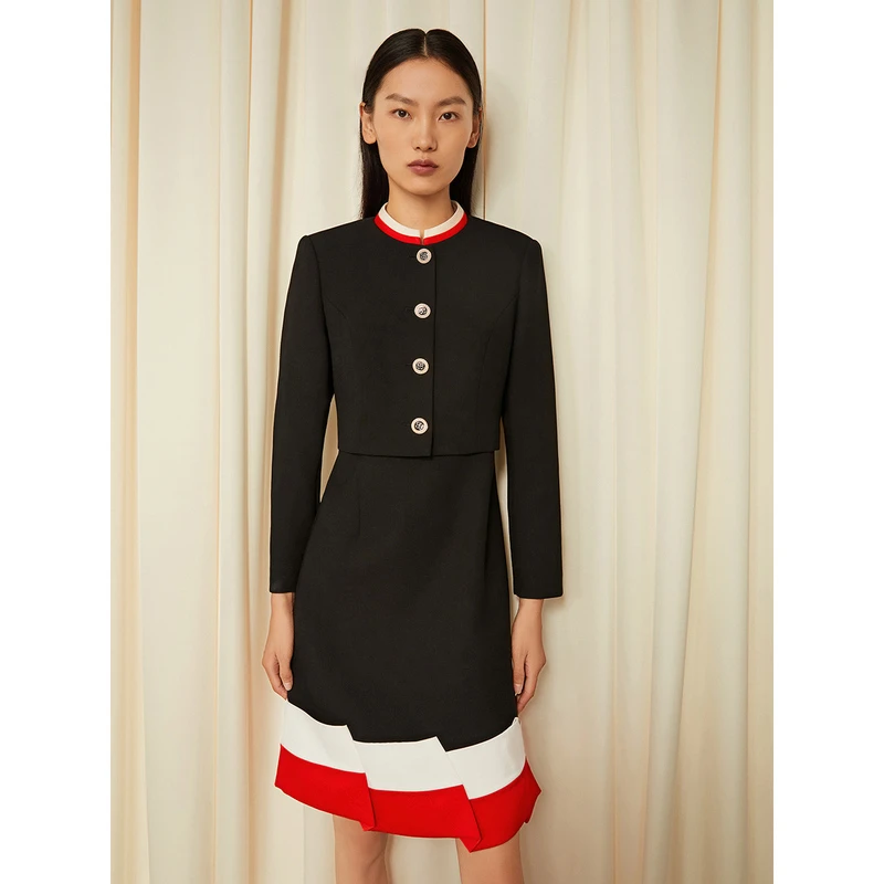 SongofSong歌中歌2022冬季黑色撞色中式立领短外套5C32510030