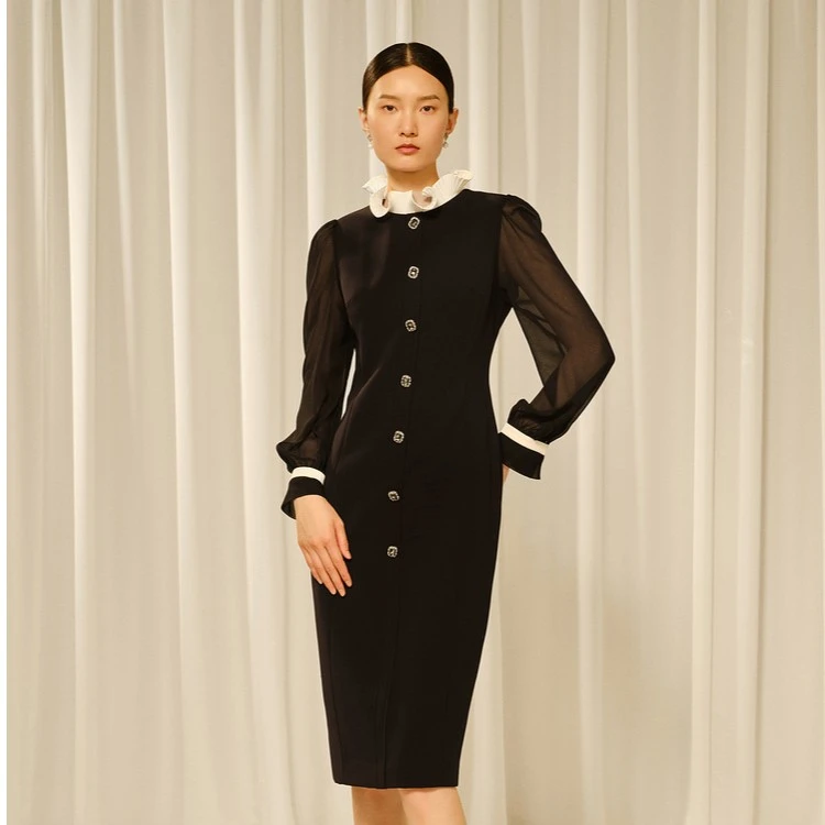 Song of Song歌中歌秋新品黑色法式荷叶领连衣裙5C33305580