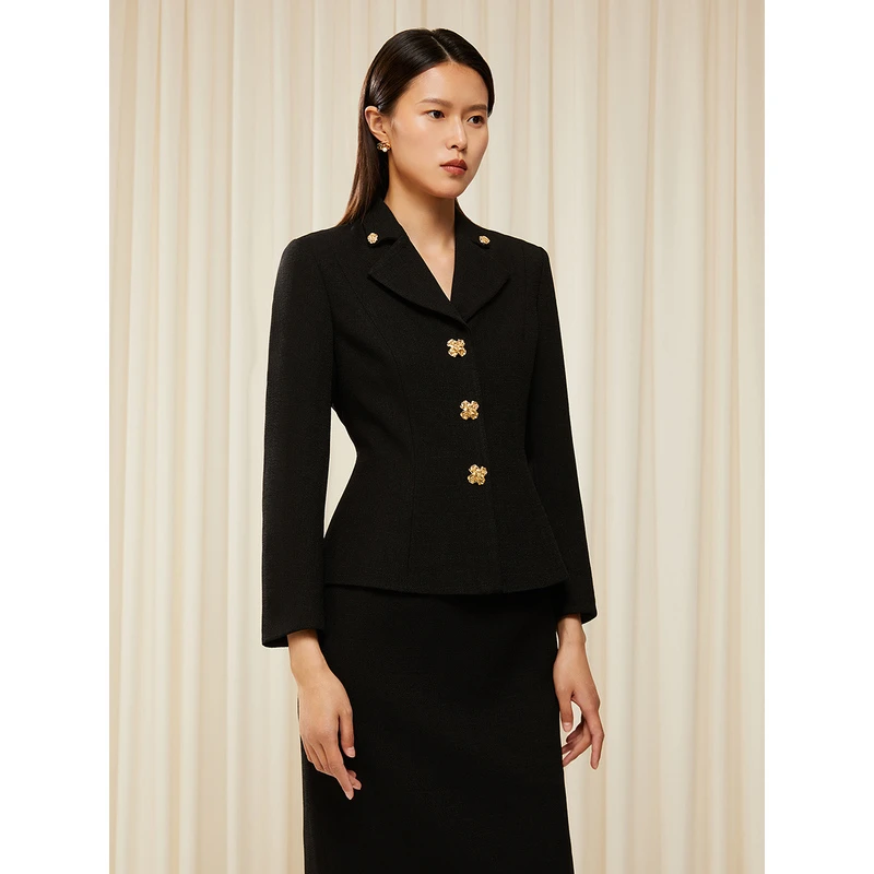 SongofSong歌中歌2023秋季新品黑色钻扣装饰优雅连衣裙5C63305400