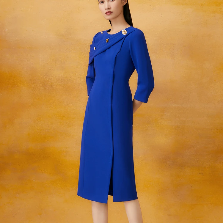 Song of Song歌中歌新品宝蓝优雅不对称设计连衣裙5C34105670