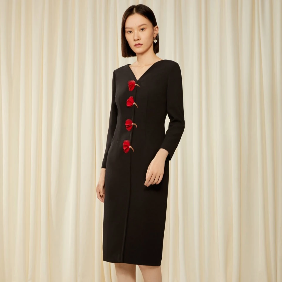 SongofSong歌中歌23年春立体花卉装饰黑色优雅连衣裙5C33105490