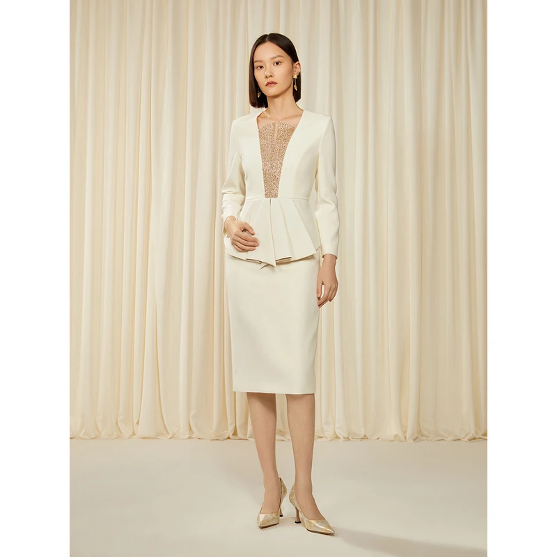 歌中歌2023春季白色优雅修身钉珠领连衣裙5C33105980