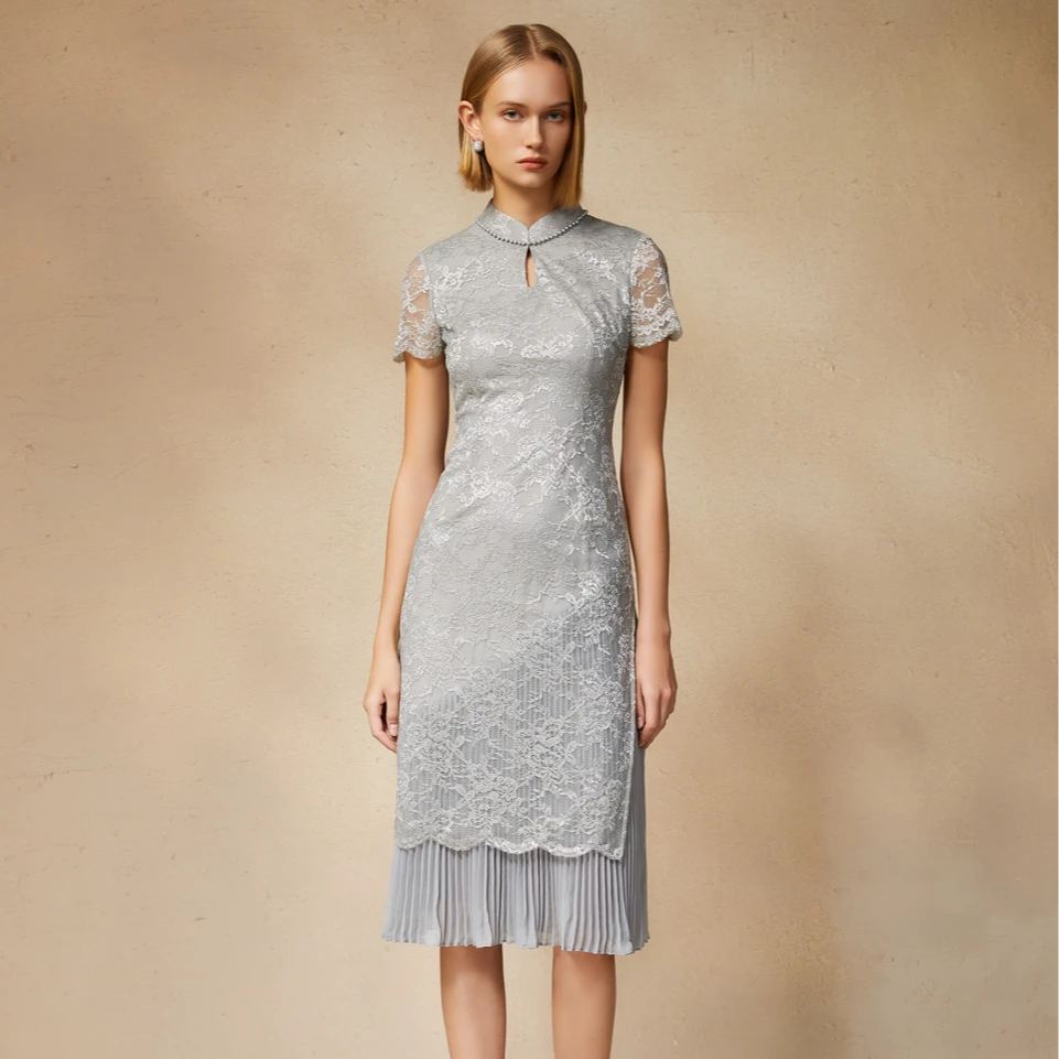 Song of Song歌中歌25年春浅灰色优雅旗袍连衣裙5C65115026