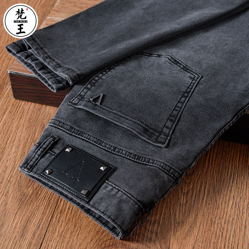 FANWANG/梵王D340#烟灰色牛仔裤男士修身小直筒百搭高端休闲长裤