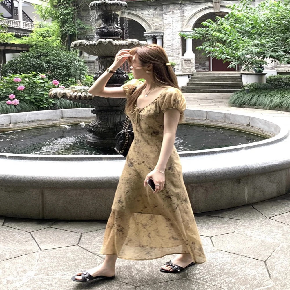 HEYGIRL黑哥 绿岛花园 复古清冷碎花晕染连衣裙女夏绑带小众长裙