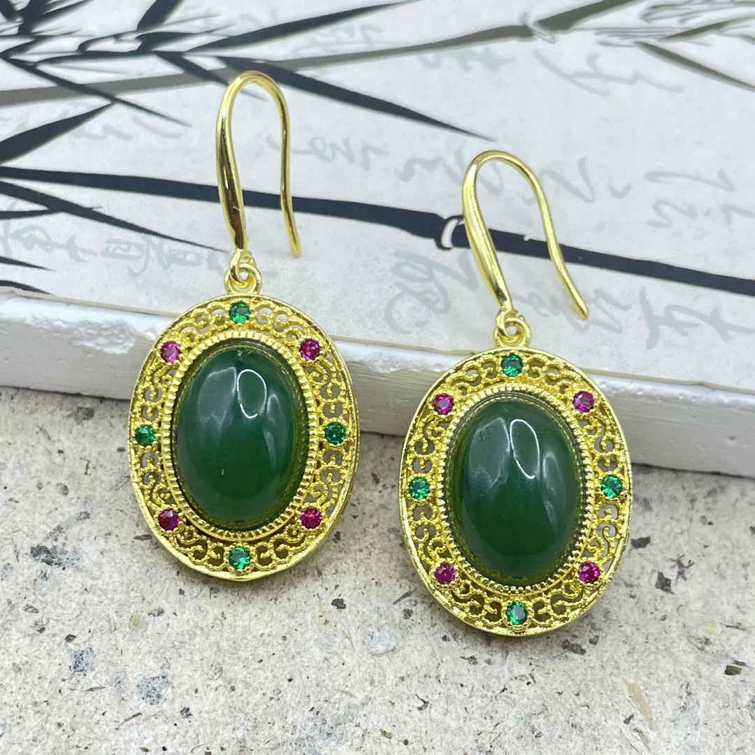 天然玉石 和田玉碧玉耳坠  镂空豪镶蛋面耳坠（多样性发货）H230