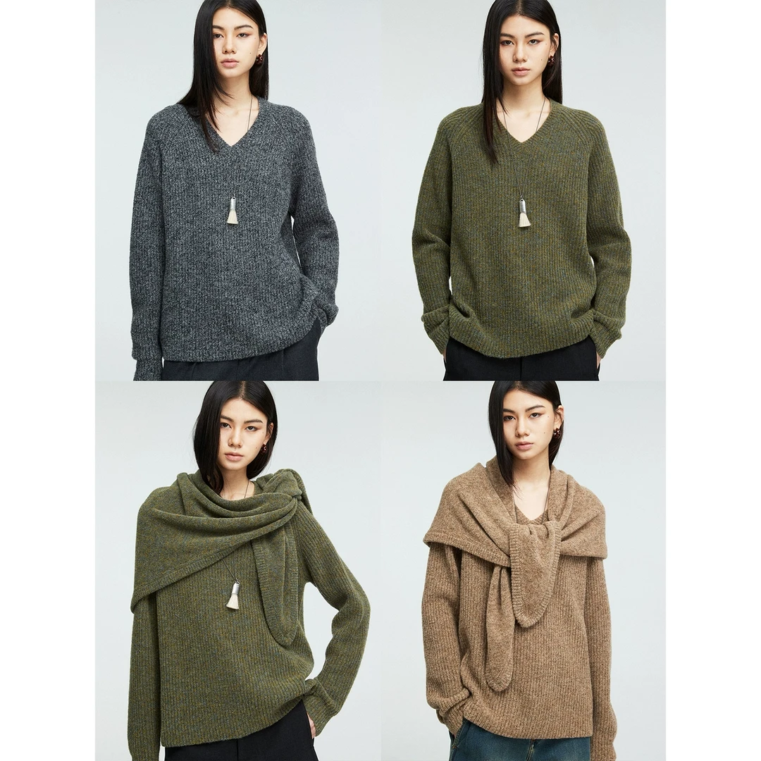 MRS Studios 康宝莱混色花纱舒适亲肤V领针织毛衣/三角大围巾围脖