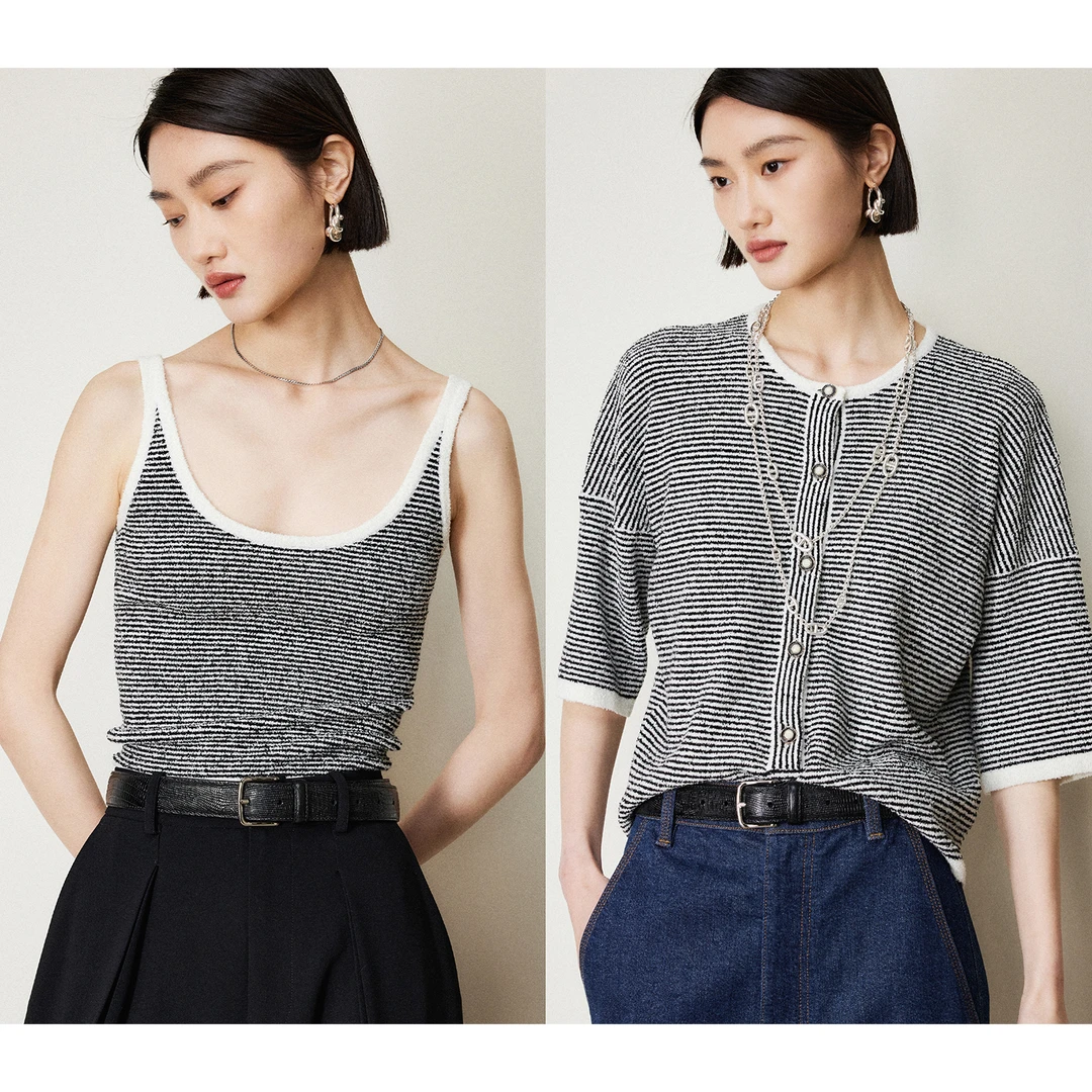 MRS Studios 细条纹圈圈棉纱 小香度假系列背心+短袖针织上衣