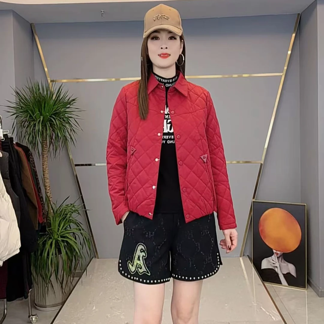 shishu/拾束冬季新款时尚菱格纯色气质显瘦百搭夹棉外套女HH8050