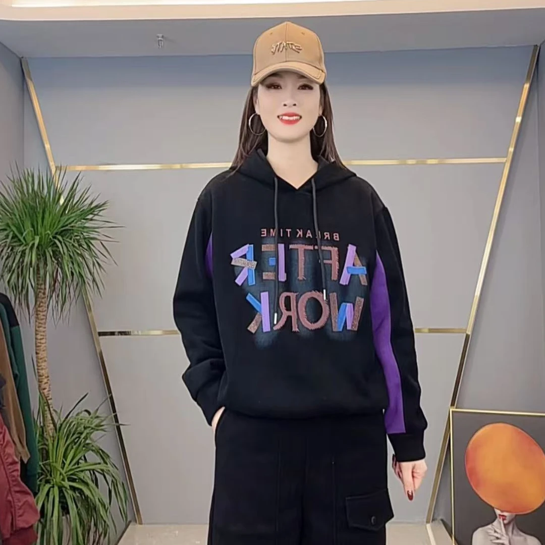 shishu/拾束冬季新款时尚女装连帽紫色拼接字母女加绒卫衣CY8938