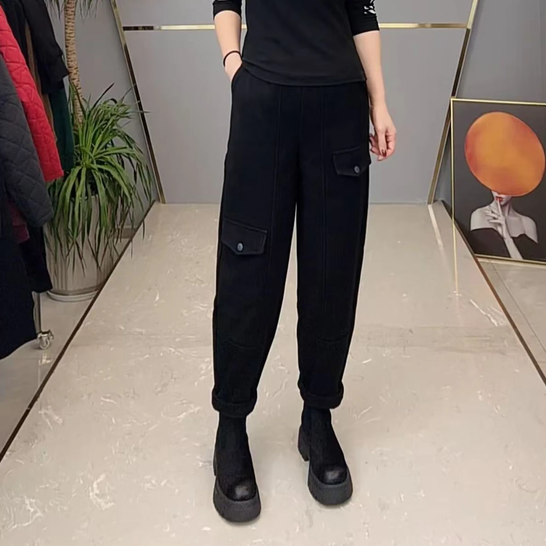 shishu/拾束冬季新款时尚女装简约口袋女士显瘦加绒哈伦裤PP1829