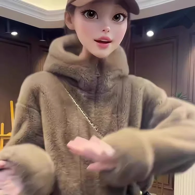 欧货重磅2024年秋冬季新款女高级感仿水貂毛连帽短款毛绒外套