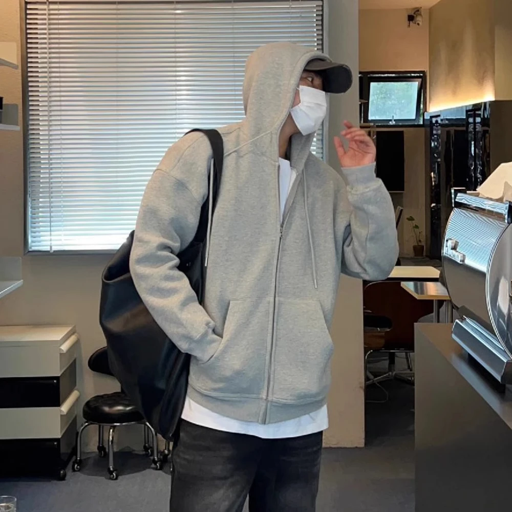 国潮休闲高街百搭高级感浅灰色开衫拉链连帽卫衣男女装加绒外套衫