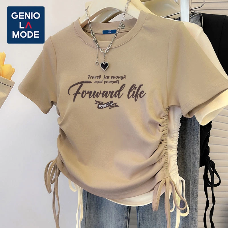 GENIOLAMODE2025新款夏季纯棉早春百搭短袖t恤女正肩抽绳显瘦通勤