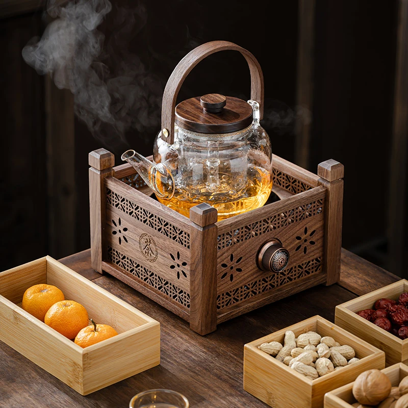 瓷师兄新中式复古养生壶高端胡桃木电陶炉煮茶器全套装耐热玻璃壶