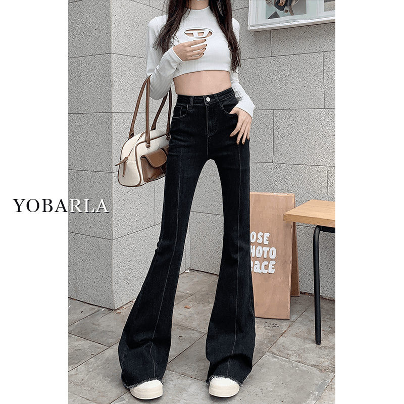 黑色弹力毛边微喇牛仔裤女春季新款大码胖mm高腰显瘦拖地马蹄裤子