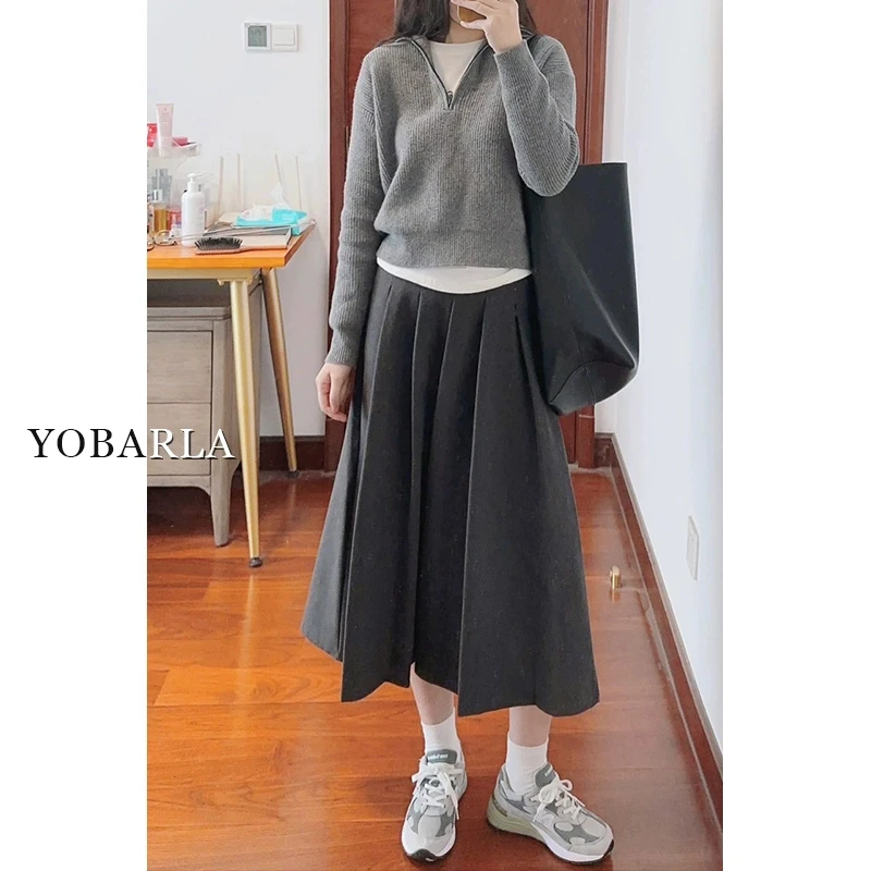 深灰色毛呢百褶裙女秋冬大码胖mm高腰显瘦中长款软糯a字半身裙子
