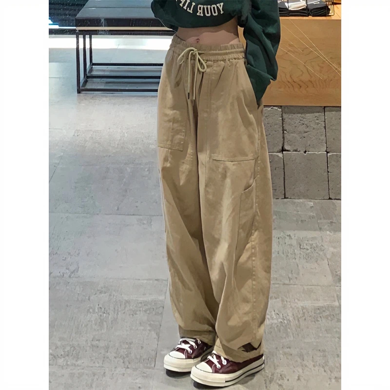 美式卡其工装休闲裤女秋季新款大码胖mm宽松显瘦阔腿梨形身材裤子