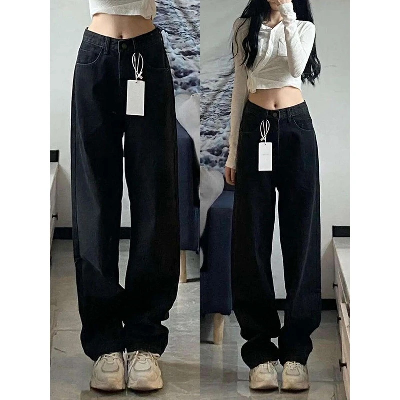 黑色窄版牛仔裤女秋冬加绒胖mm大码女装宽松显瘦梨形身材直筒裤子