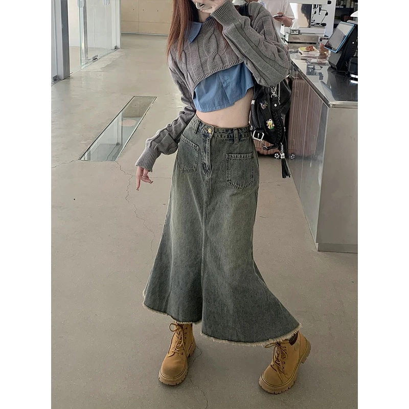 高腰复古鱼尾裙女秋冬大码胖mm梨形身材显瘦中长款牛仔a字半身裙