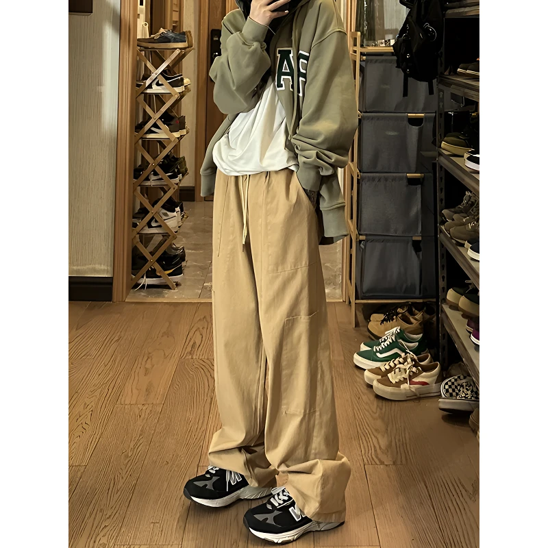 美式卡其色直筒工装裤女冬季加绒大码胖mm高腰阔腿宽松显瘦休闲裤