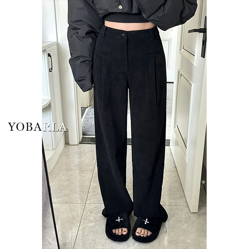 黑色雪尼尔直筒休闲裤女大码高腰秋冬加绒胖mm显瘦灯芯绒裤子