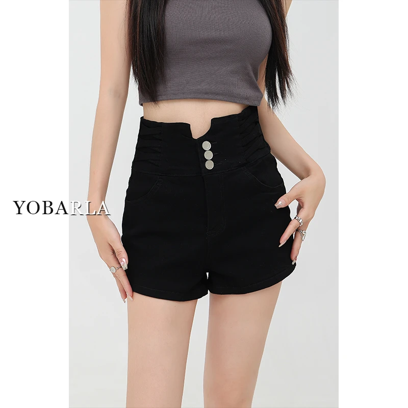 黑色高腰牛仔短裤女秋冬薄款大码胖mm显瘦遮肚小个子a字阔腿热裤