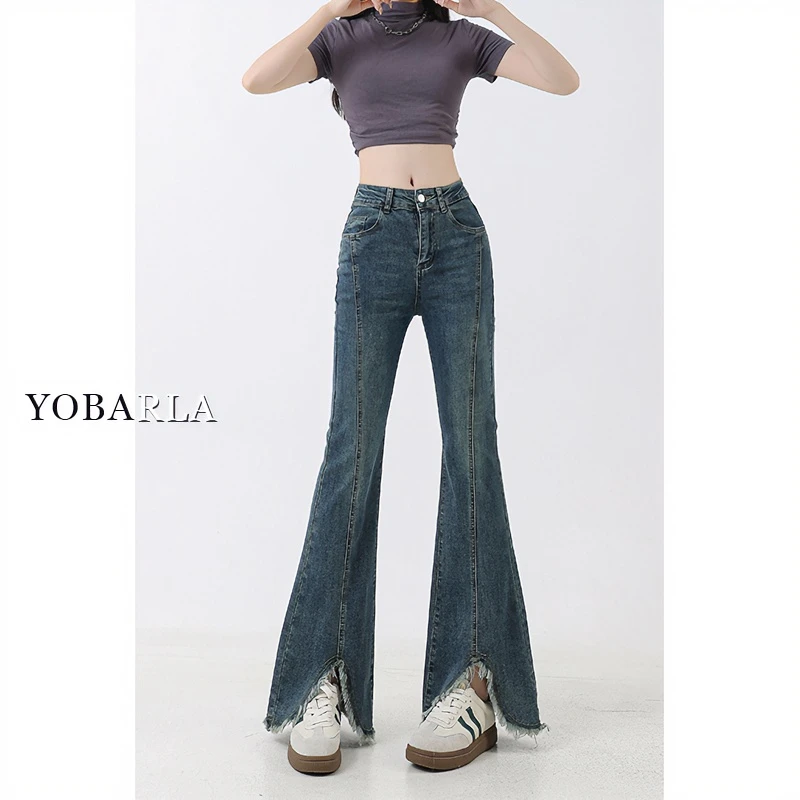 复古蓝开叉毛边微喇牛仔裤女秋冬大码高腰弹力显瘦梨形身材微喇裤