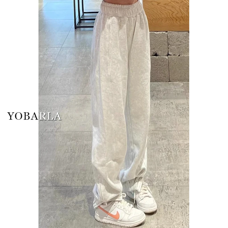 浅灰色运动休闲裤女直筒高腰秋季新款大码百搭宽松显瘦开叉卫白色