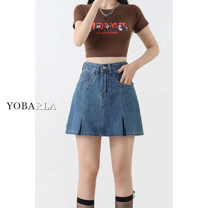 复古蓝牛仔短裙女春夏遮肚子显瘦梨形身材高腰a字半身裙