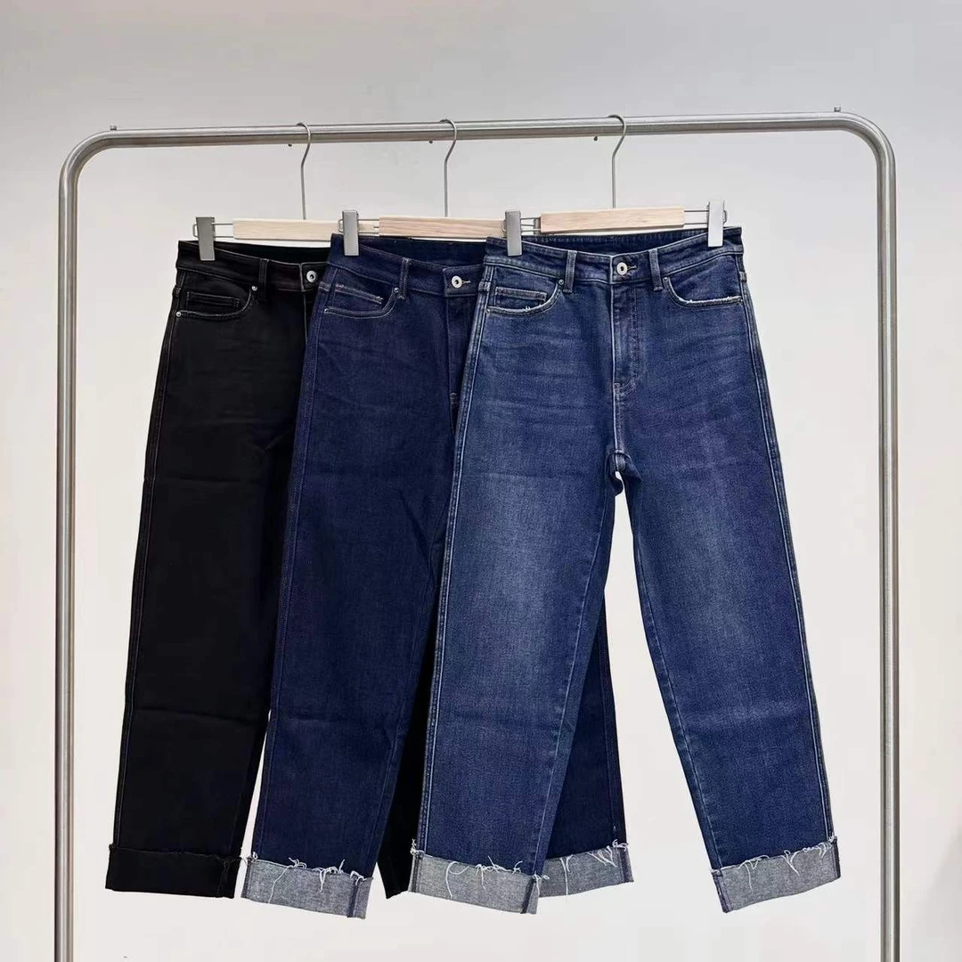 外贸高品-杨树林深蓝抓毛挽脚烟管牛仔裤-SH-64809