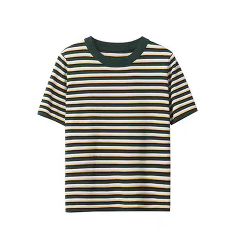 外贸-小之高端女士复古绿色条纹短袖针织衫T恤-JM-8002