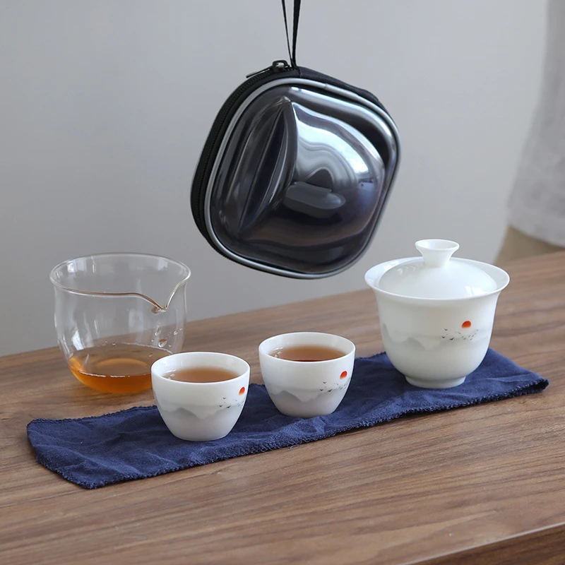 羊脂玉陶瓷旅行茶具一壶两杯户外便携随身快客杯商务礼品伴手礼定