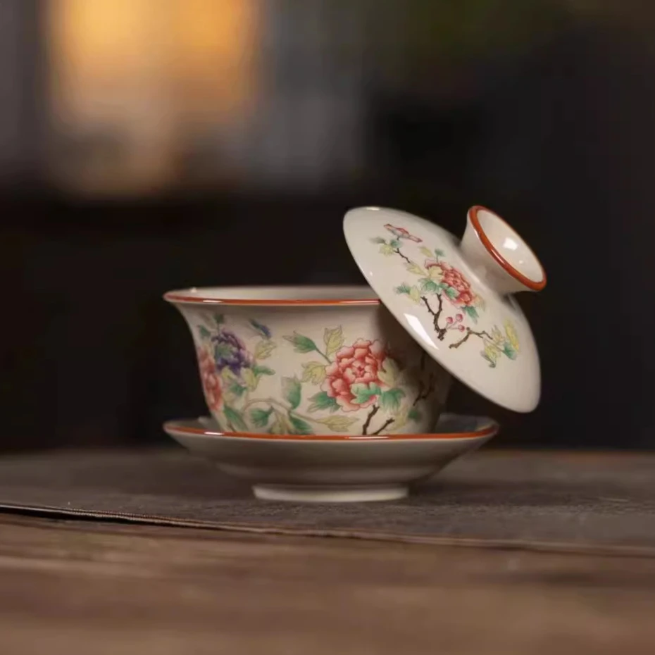 老陶泥鸟语花香盖碗复古家用哥窑开片三才碗茶杯陶瓷茶具单盖碗