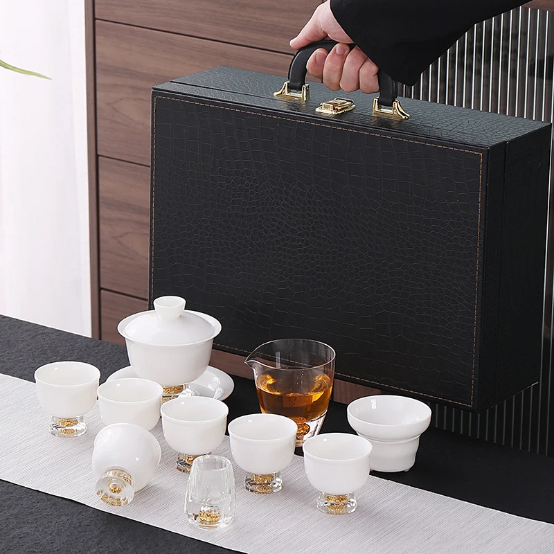 金箔水晶羊脂玉瓷茶具套装轻奢德化白瓷羊脂玉瓷手工盖碗高档礼盒