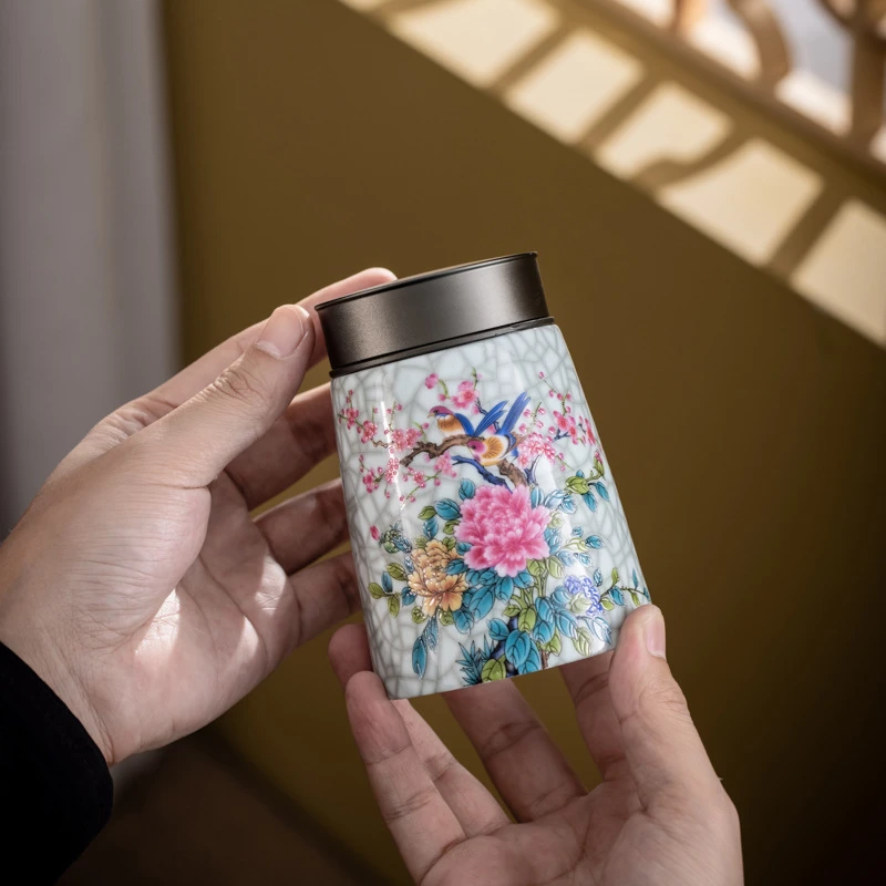 创意小号锡盖珐琅彩陶瓷茶叶罐锡盖散茶罐白瓷花茶密封存茶罐批发