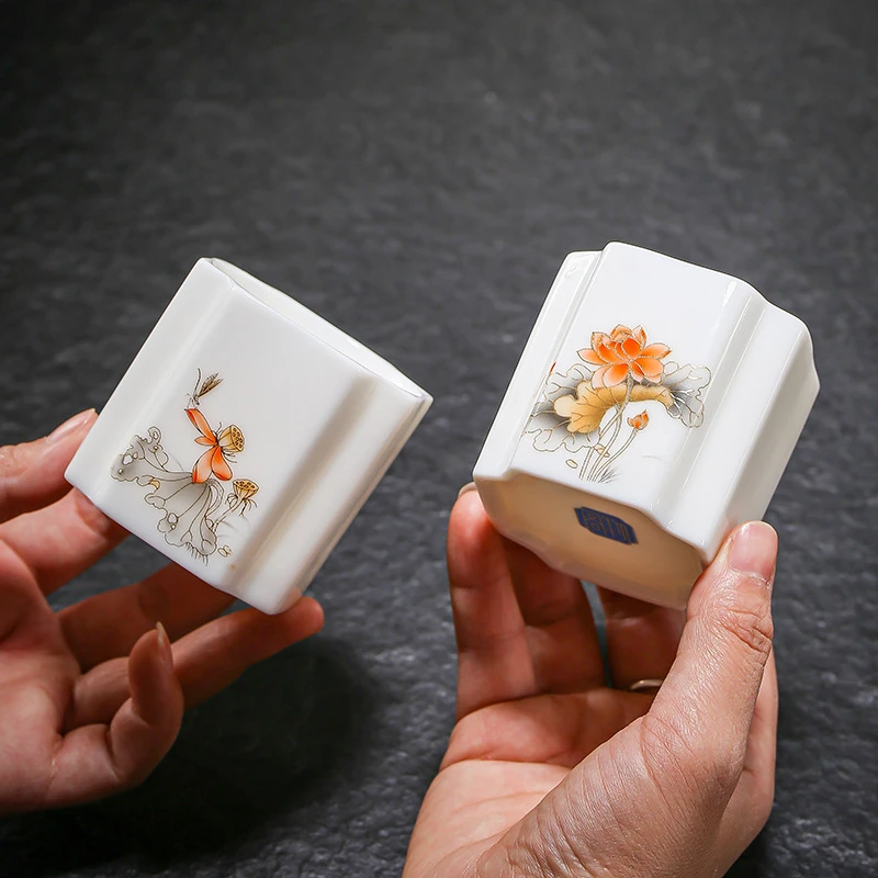 大号加厚高档四方羊脂玉白瓷茶杯品茗杯陶瓷个人功夫茶具喝茶杯