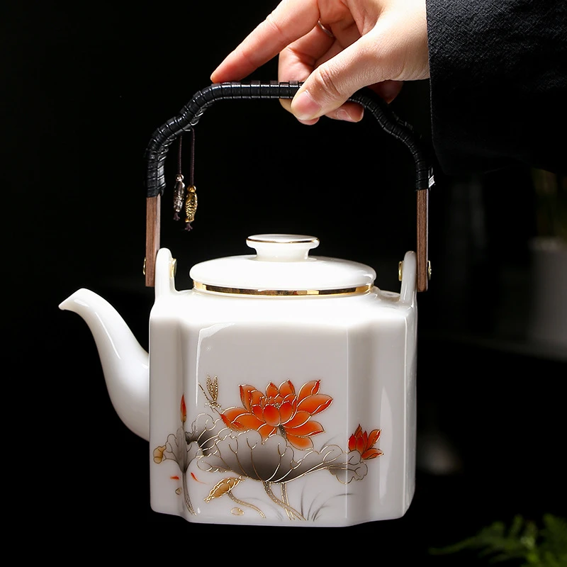 轻奢900ml高档羊脂玉白瓷茶壶提梁壶大容量单壶全瓷过滤陶瓷泡茶