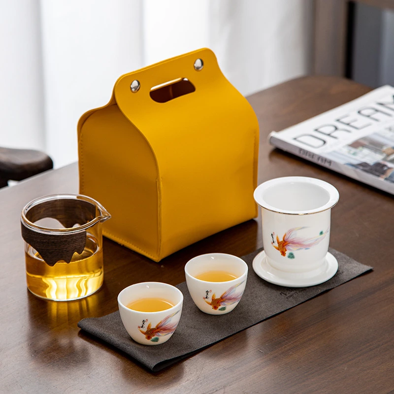 羊脂玉如鱼得水描金快客杯便携户外旅行功夫茶具套装陶瓷一壶二杯