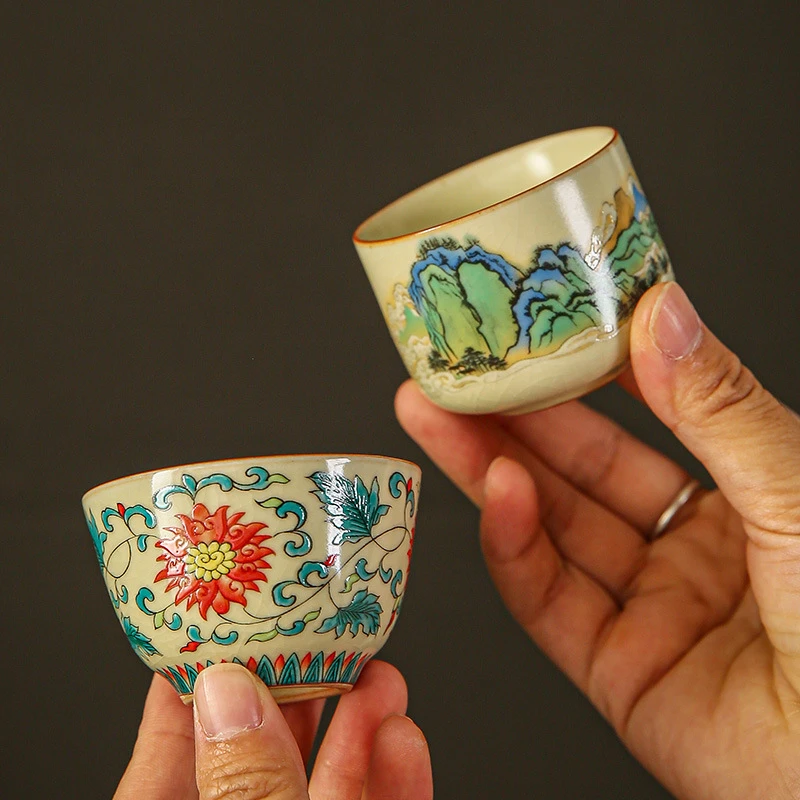 家用功夫茶杯满彩山水米黄色汝窑茶杯开片冰裂纹陶瓷品茗杯茶盏